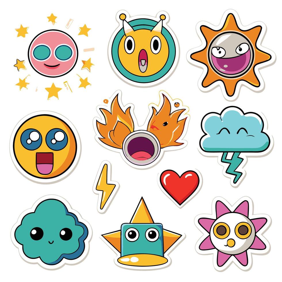 cartoon stickers of various emotions and objects vector