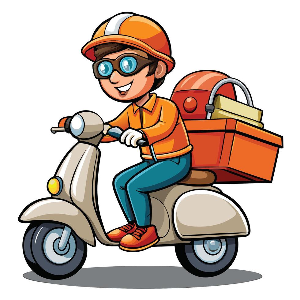 cartoon delivery man, riding a scooter with boxes vector