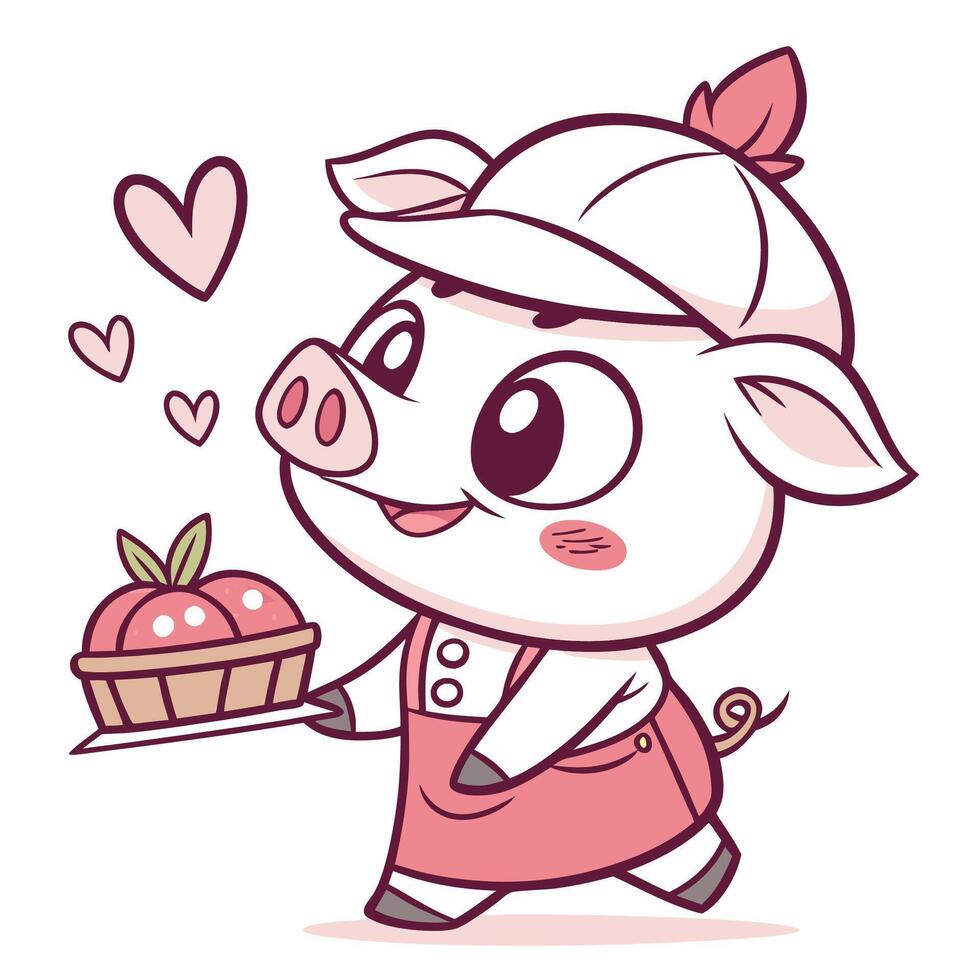 a cartoon pig carrying a basket of apples vector