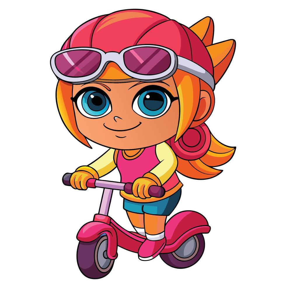 cartoon girl riding a pink scooter vector