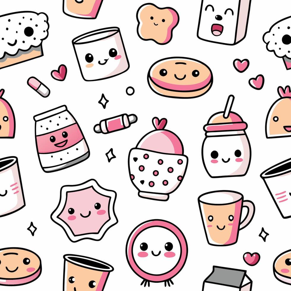 kawaii food and drink items are shown in this pattern vector