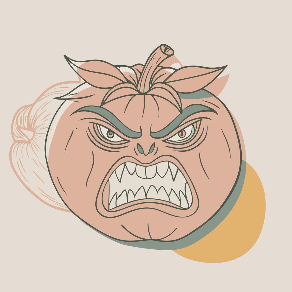 angry pumpkin with teeth and fangs on a beige background vector