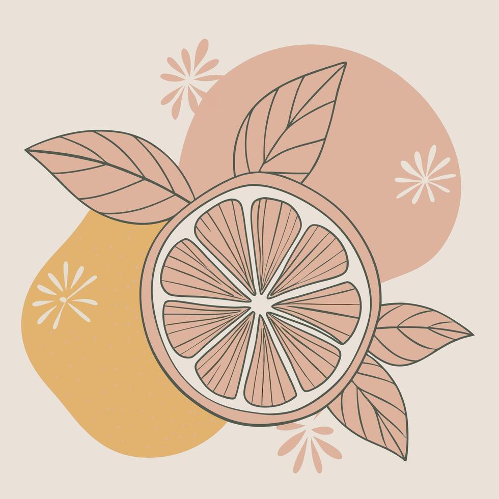 an illustration of a lemon with leaves and flowers vector