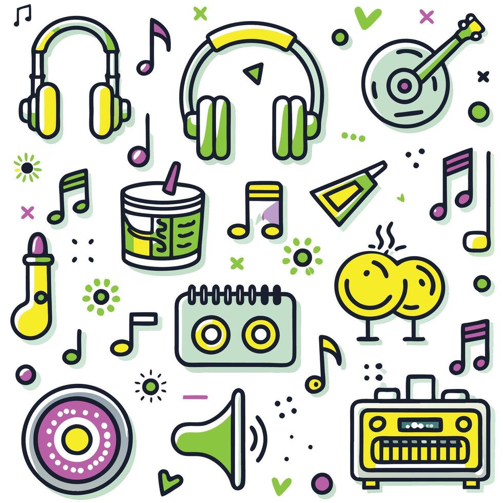 music icons set with headphones, microphone vector