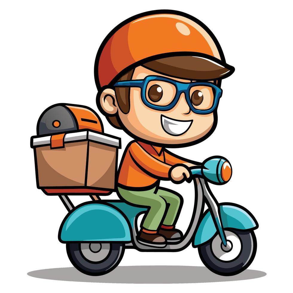 cartoon delivery boy riding scooter wit white backgroundh a box on the back vector