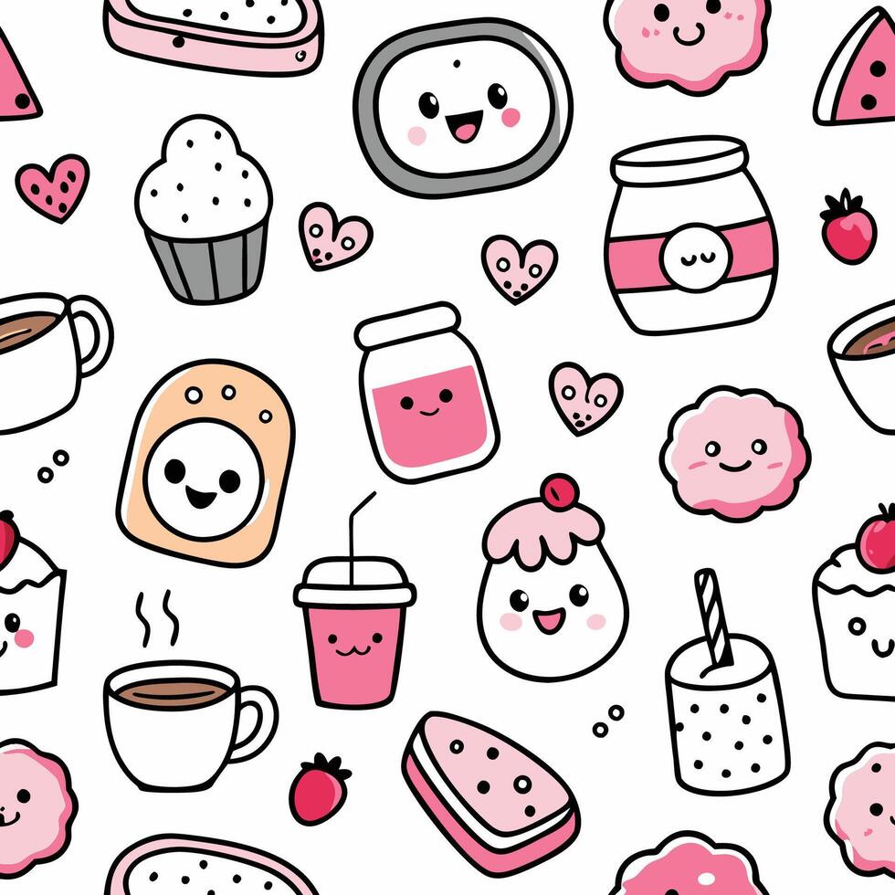 cute food and drink pattern with cute characters vector