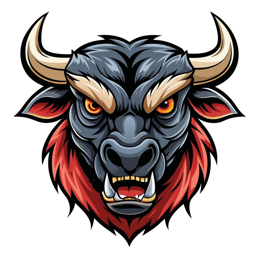 an angry bull head with red horns and black fur vector