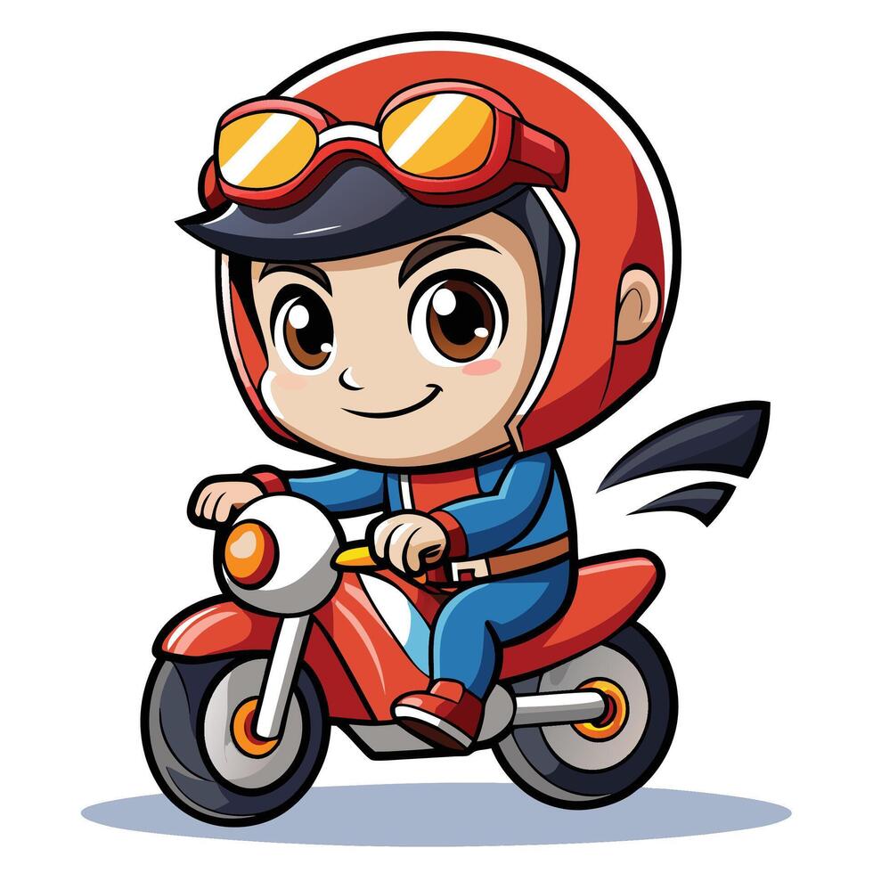 cartoon boy riding motorcycle, vector