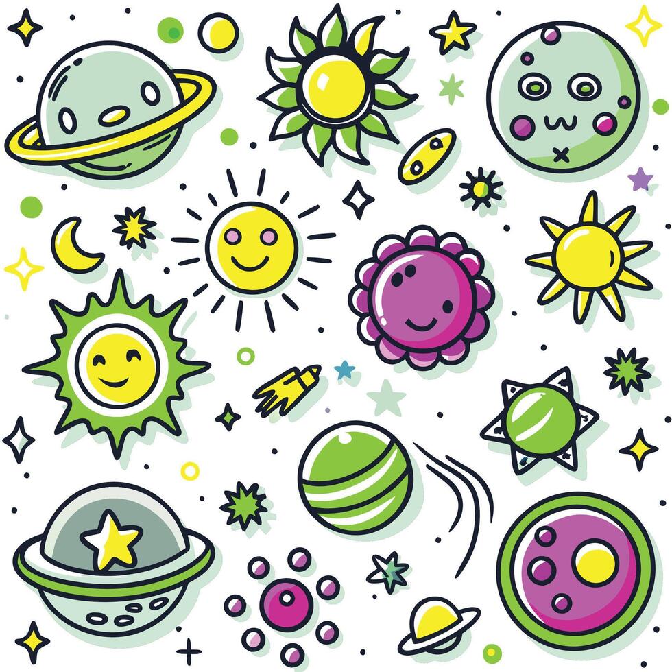 cartoon space set with planets, sun, moon and stars vector