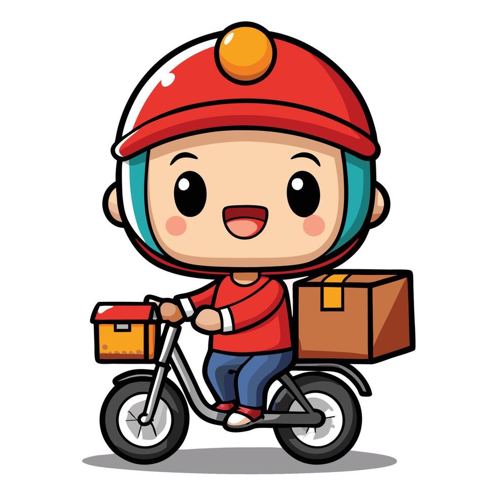 cartoon delivery boy riding a bike with boxes vector