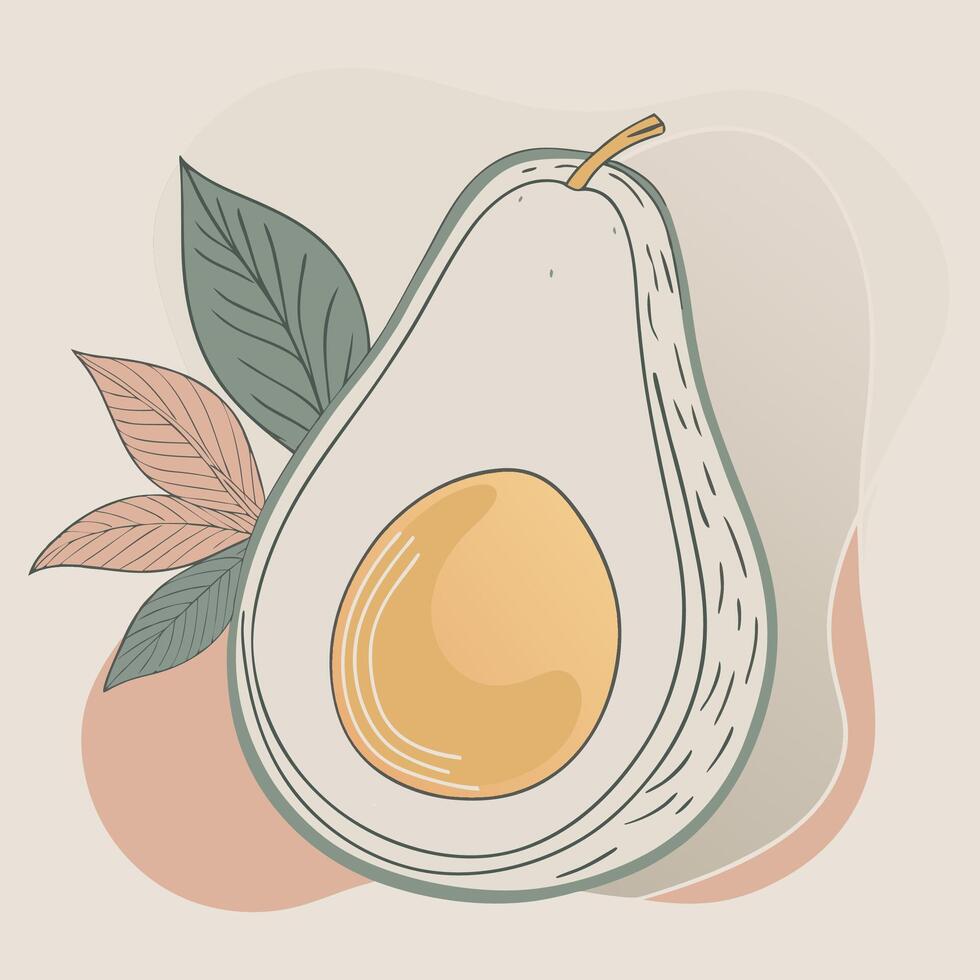 an avocado with leaves and slice of fruit vector