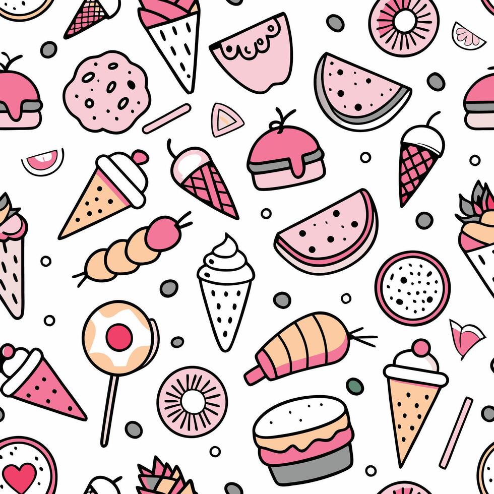 Cute hand-drawn seamless pattern with various pink desserts and fruits. vector