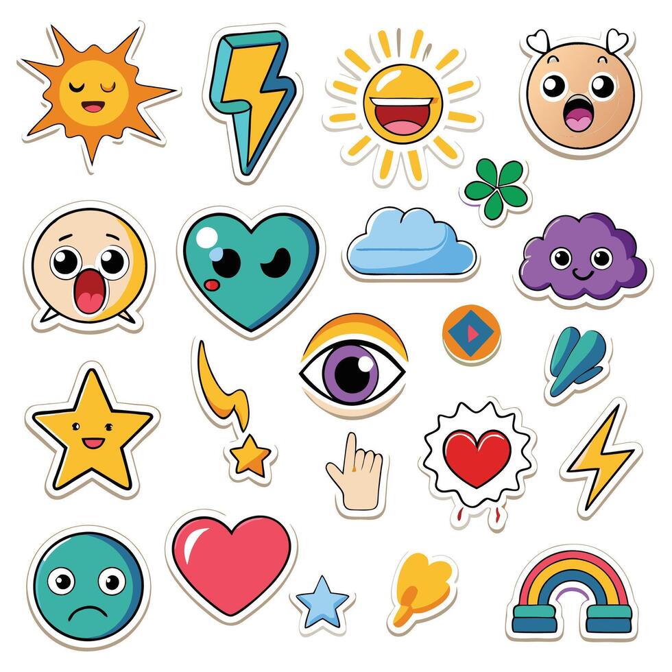 Collection of cute cartoon stickers with various shapes and expressions. vector