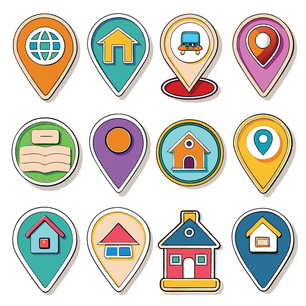 Colorful location pin icons set with various symbols including home, globe, car, and location markers. vector