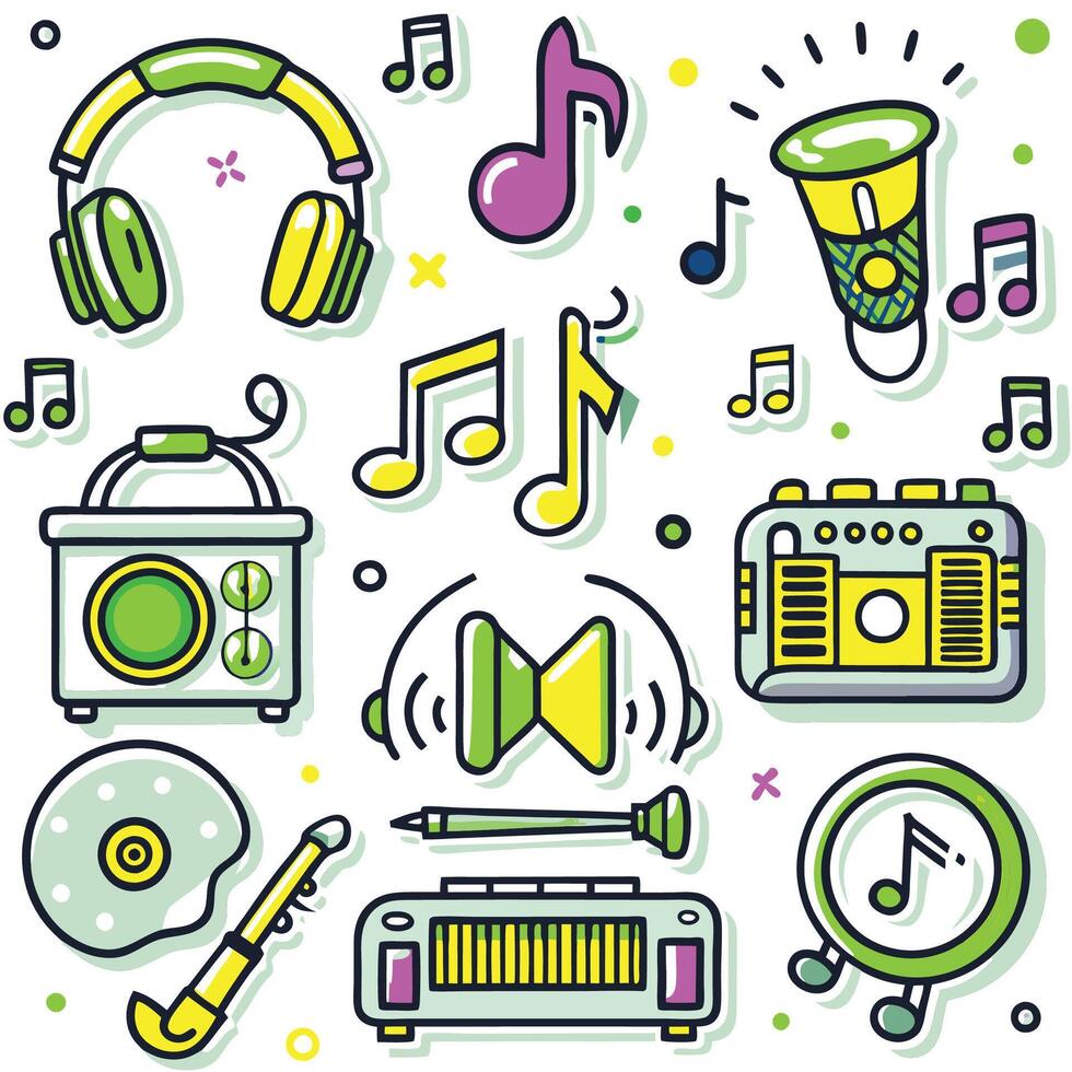 music icons set with headphones, microphone, music notes and other items vector