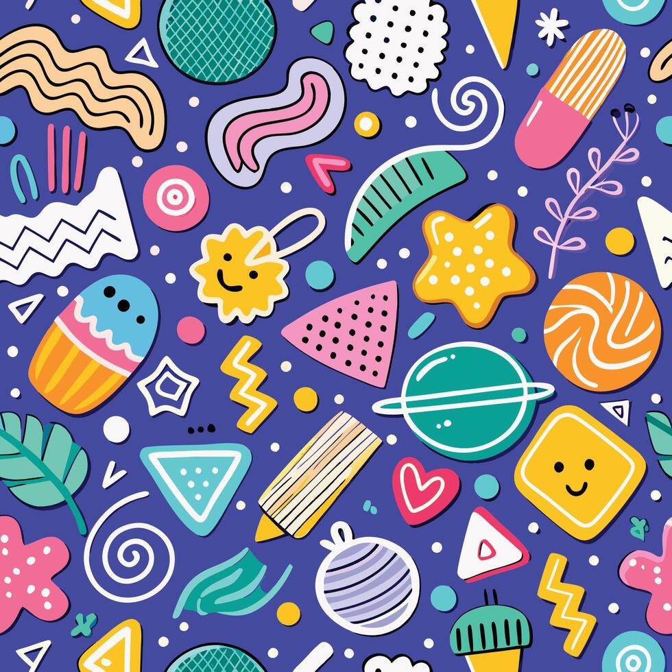 Colorful abstract seamless pattern with geometric shapes, doodles, and playful elements on a purple background. vector