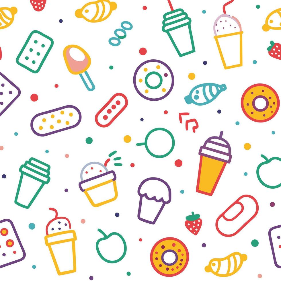 Colorful seamless pattern with various food and drink icons. vector