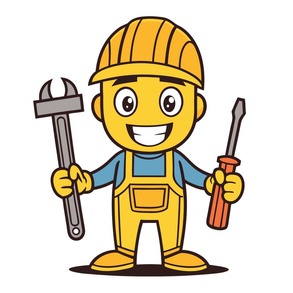 Happy cartoon construction worker holding a wrench and screwdriver. vector
