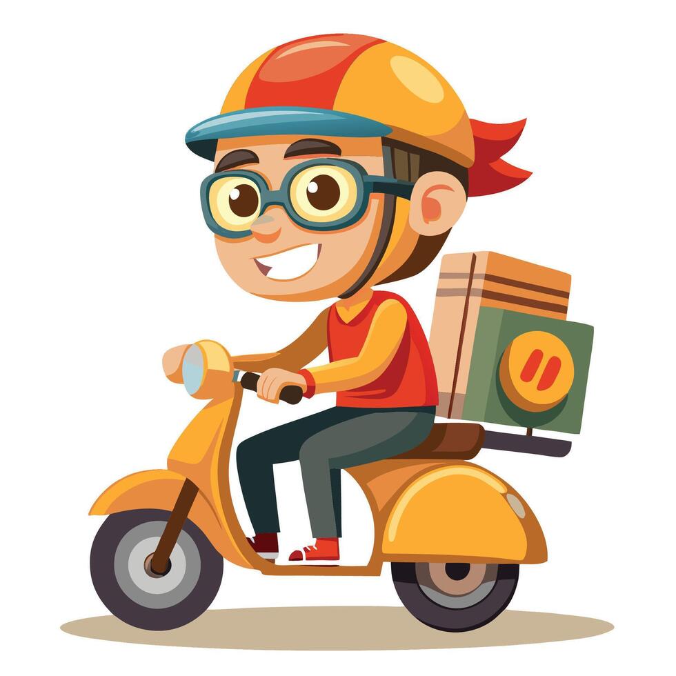 Happy boy courier on a yellow scooter delivering packages. vector