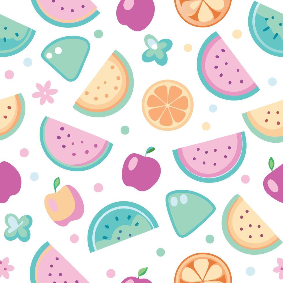 Colorful fruit slices and flowers pattern. vector