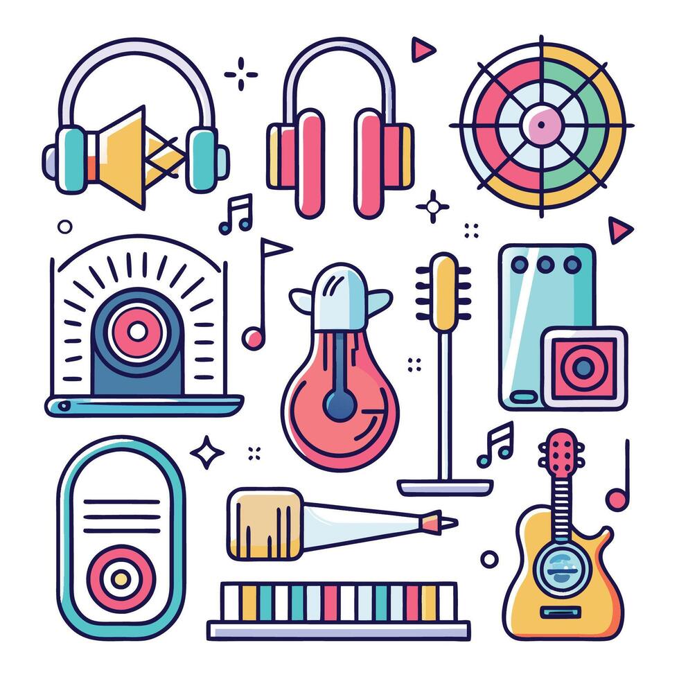 Colorful illustration of various music instruments and devices. vector