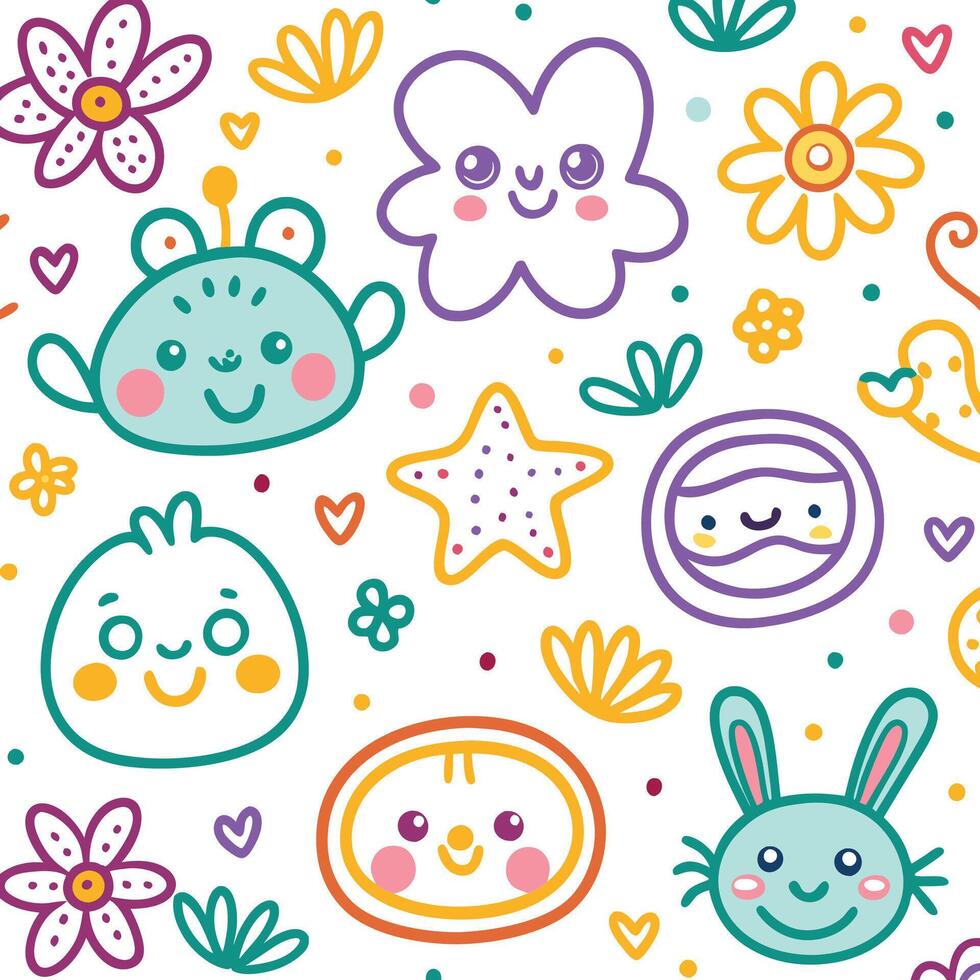 Cute cartoon characters and floral elements seamless pattern. vector