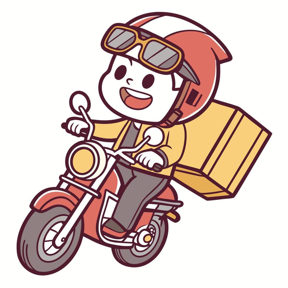 a cartoon man riding a motorcycle with box on the back vector