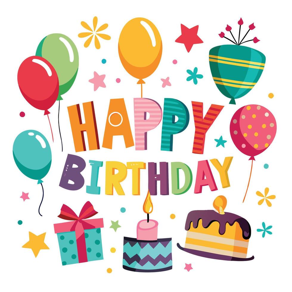 Colorful Happy Birthday celebration card with balloons, cake, candle, gift. vector