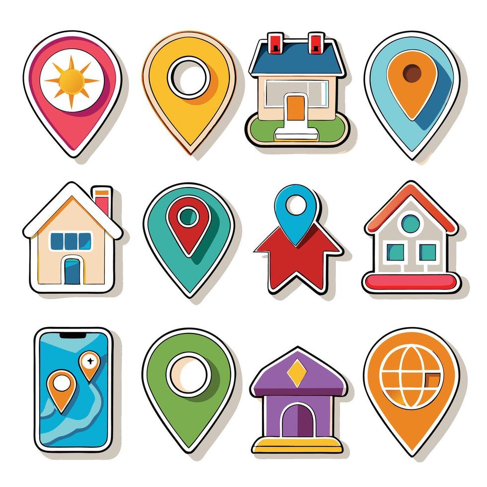 Colorful location pin icons with houses and map illustration. vector
