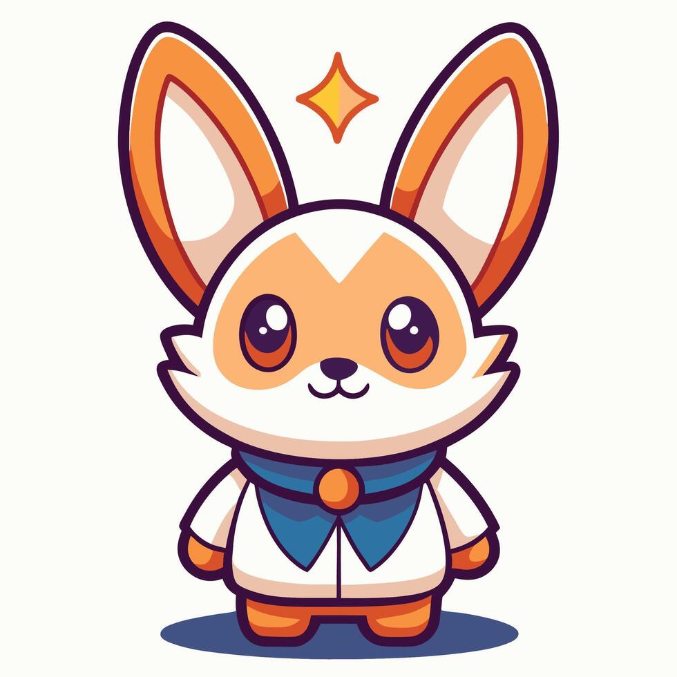 Cute cartoon fox character wearing a collared shirt and standing on a white background with a sparkle above it. vector