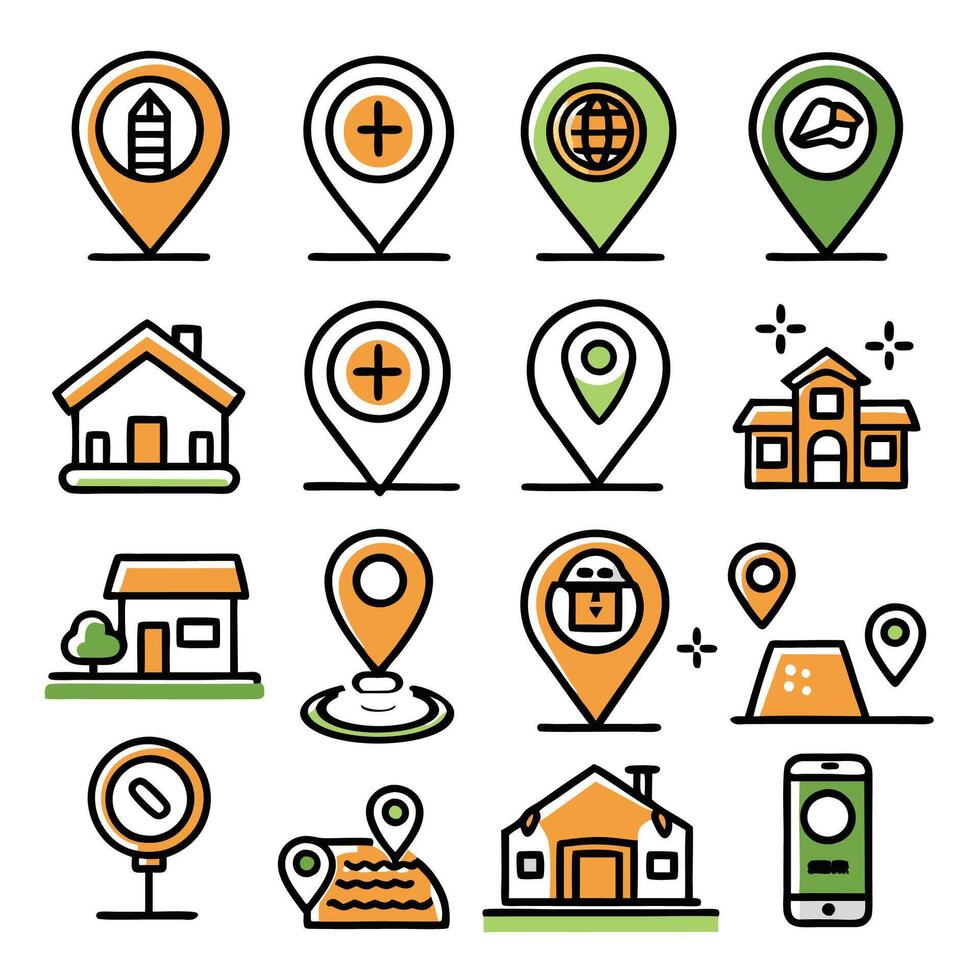 Collection of colorful location pin icons with various points of interest. vector