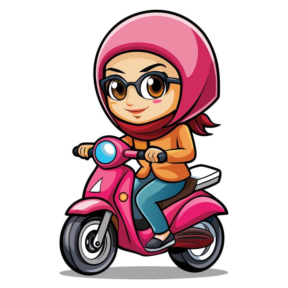 A cute girl in a hijab riding a pink scooter. vector