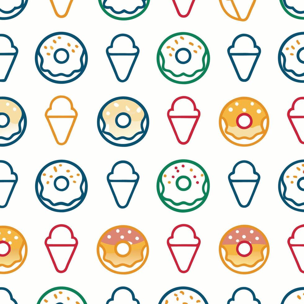 Colorful donuts and ice cream cones seamless pattern. vector