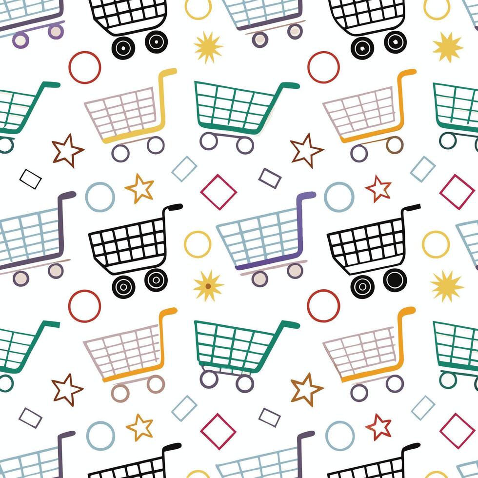 Colorful shopping carts and geometric shapes seamless pattern. vector