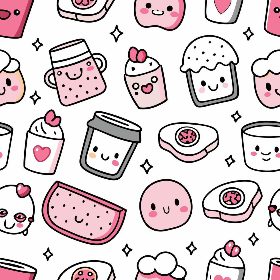 kawaii seamless pattern with cute food and drinks vector