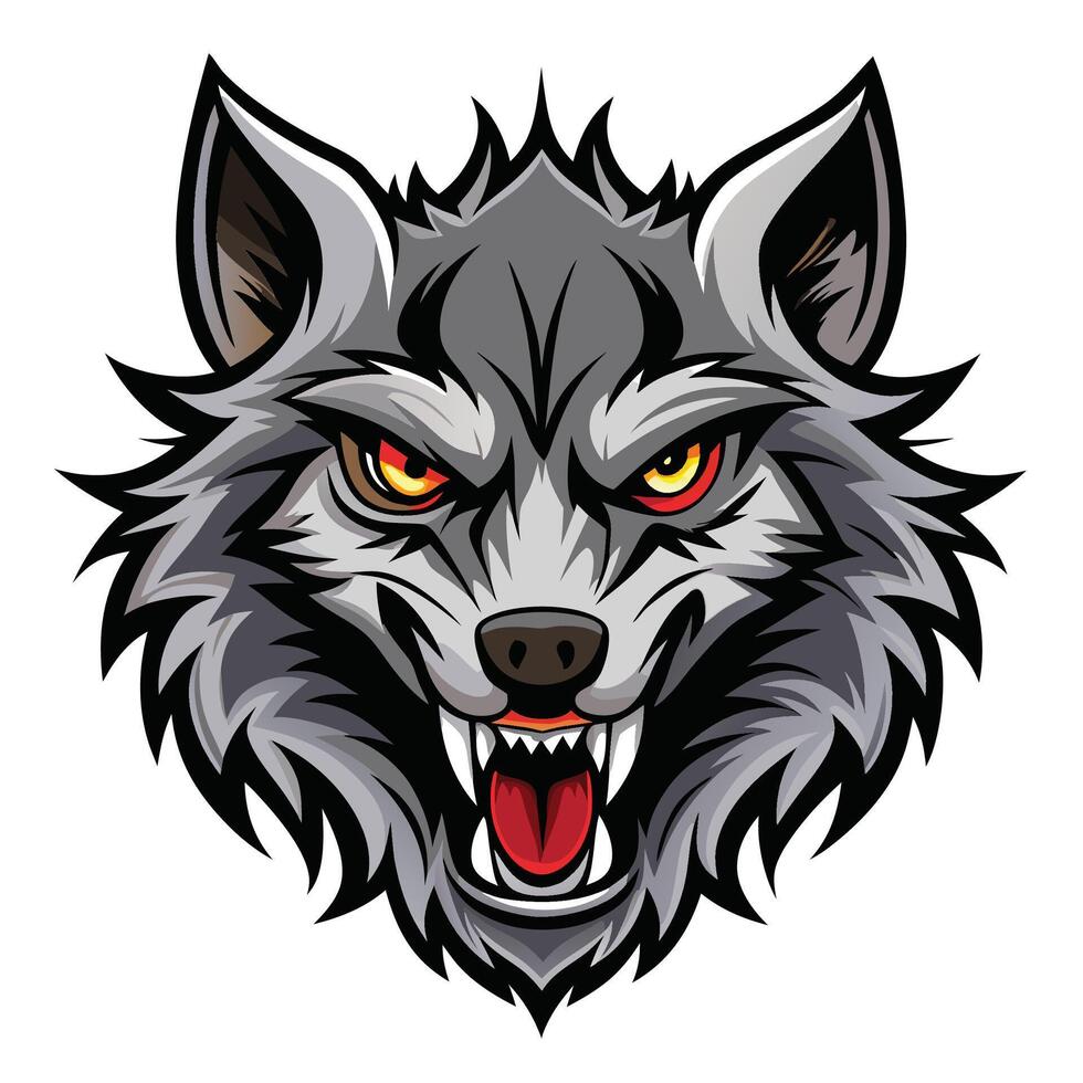 an angry wolf head with red, eyes white background vector