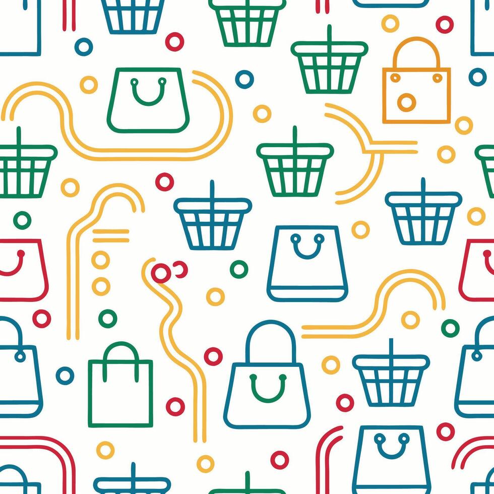shopping seamless pattern with shopping bags and baskets vector