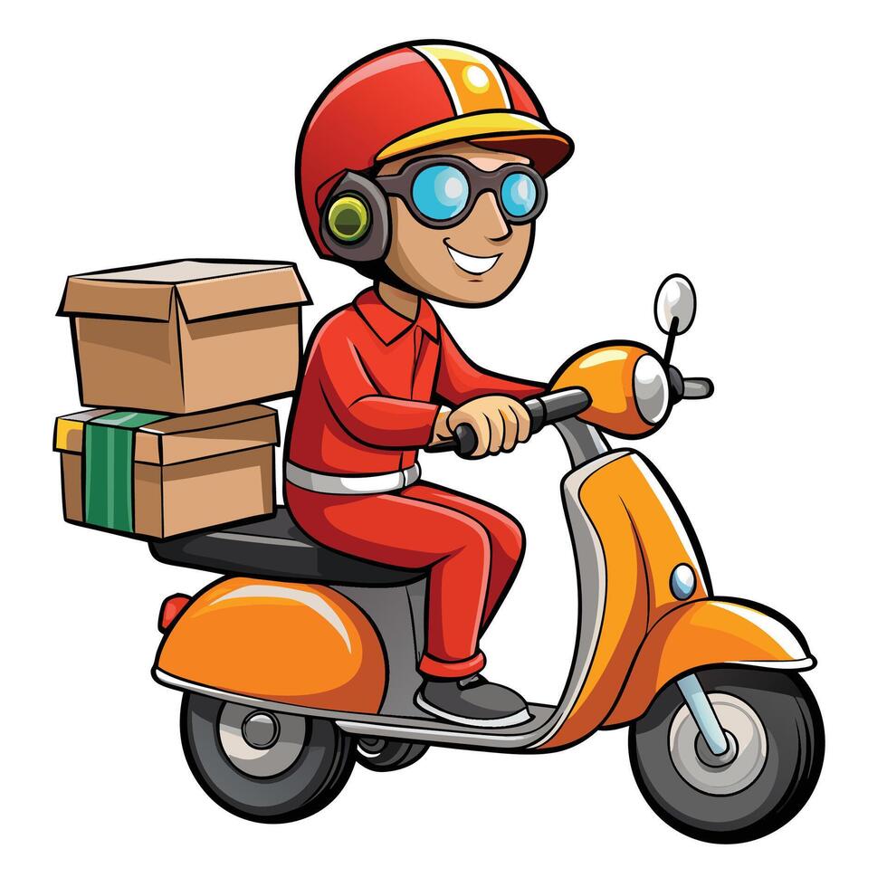 cartoon delivery man riding scooter with boxes vector