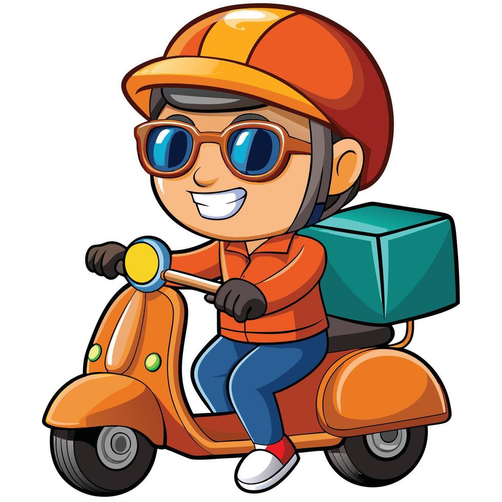 cartoon delivery boy riding scooter with box on the back vector