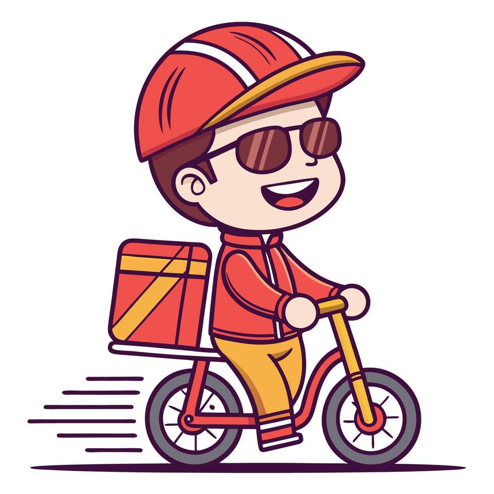 a cartoon boy riding bike with a box on the back vector
