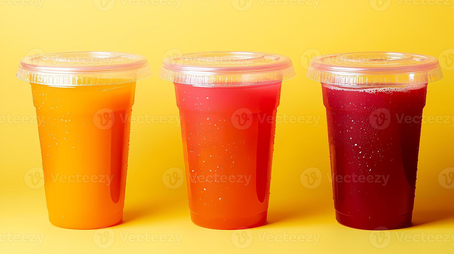 Colorful smoothies in plastic cups on yellow background photo