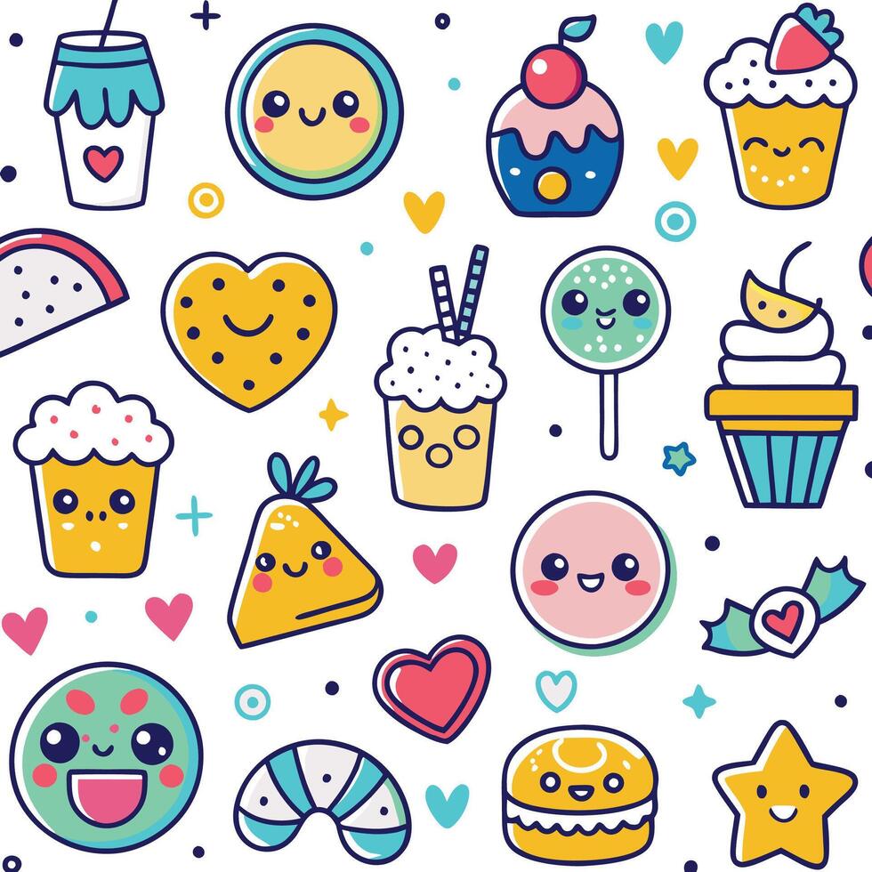 Cute kawaii food and dessert pattern. vector