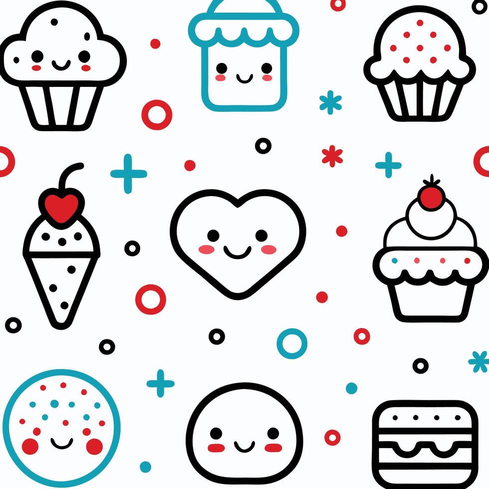 Cute kawaii dessert seamless pattern with cupcakes, ice cream, heart, burger, and cookies. vector