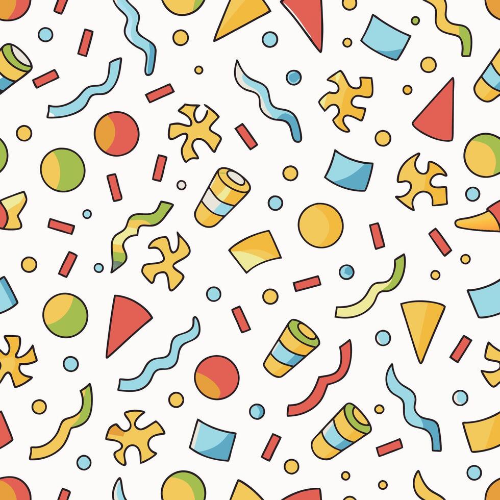 Colorful abstract geometric shapes and confetti seamless pattern. vector