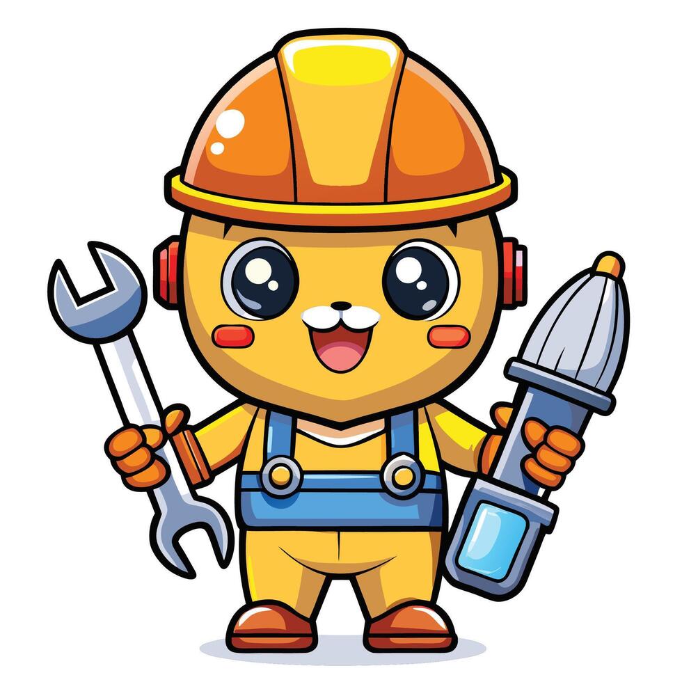 Cute cartoon robot worker with wrench and drill. vector