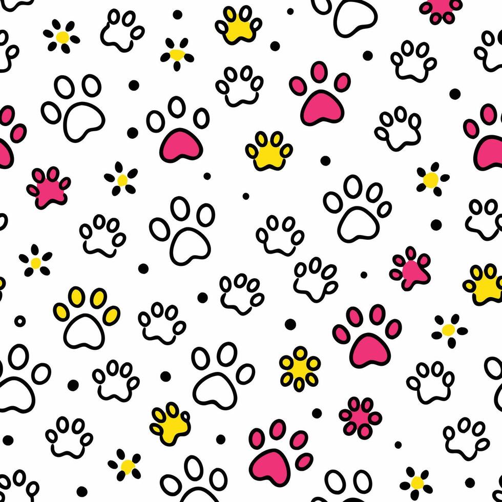seamless pattern with paw prints and flowers white background vector