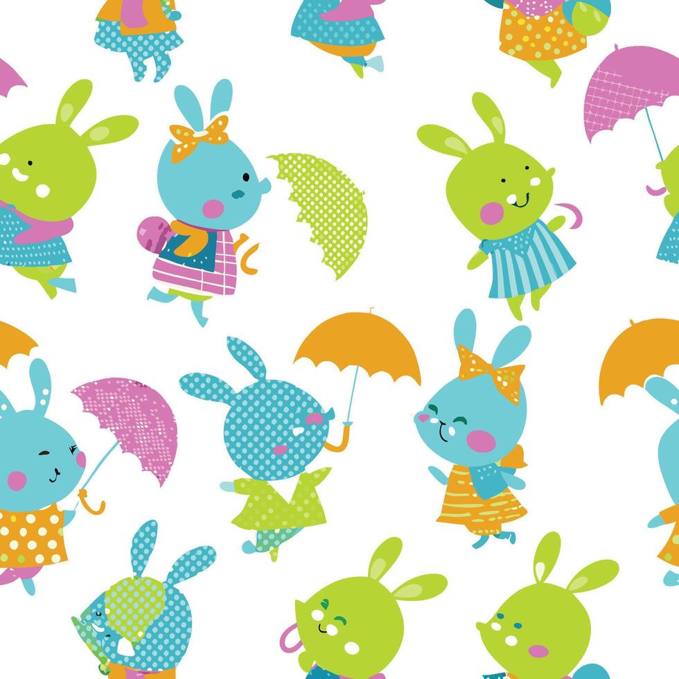 Cute cartoon rabbits with umbrellas, seamless pattern. vector