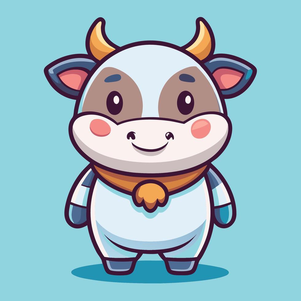 Cute cartoon cow illustration with big eyes and a friendly smile, wearing a scarf. vector