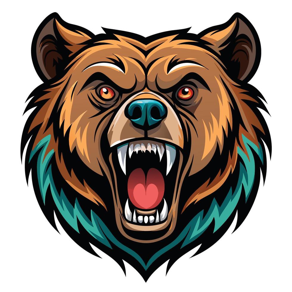 Angry bear head illustration with sharp teeth and teal accents. vector
