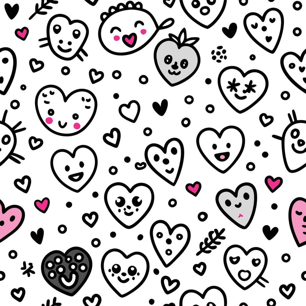 Cute hand-drawn heart pattern with funny faces and simple doodles. vector